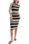 Mila Mae Stripe Mixed Open Stitch Cotton Blend Midi Sweater Dress In Black Taupe