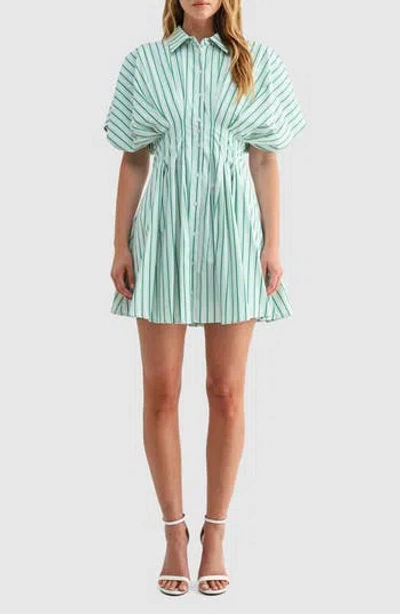 Mila Mae Stripe Pleated Dolman Sleeve Mini Shirtdress In Green