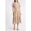 Mila Mae Stripe Puff Sleeve Midi Dress In Cream Chestnut