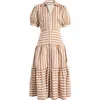 Mila Mae Stripe Puff Sleeve Midi Dress In Cream Chestnut