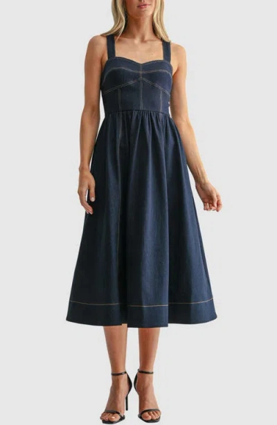 Mila Mae Sweetheart Neck Fit & Flare Denim Midi Dress In Blue