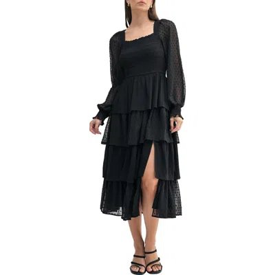 Mila Mae Swiss Dot Long Sleeve Chiffon Tiered Dress In Black