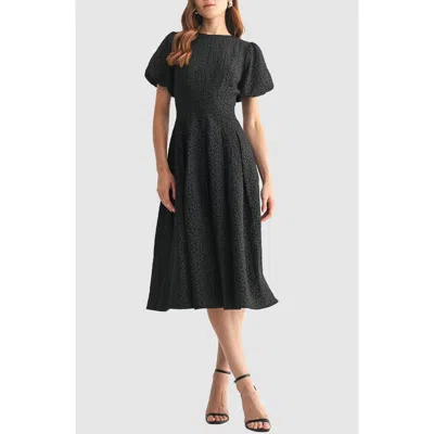 Mila Mae Textured Bubble Sleeve Fit And Flare Dress In Black