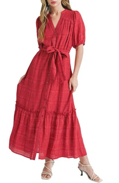 Mila Mae Textured Maxi Shirtdress In Burnt Red