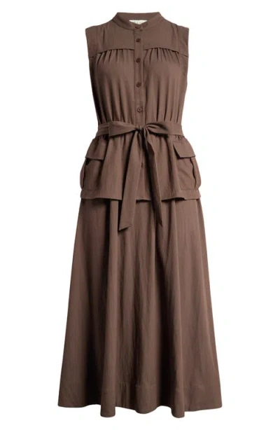 Mila Mae Tie Belt Sleeveless Midi Dress In Brown