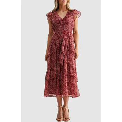 Mila Mae Tile Print Ruffle Detail Midi Dres In Burgundy