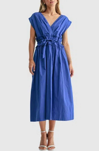 Mila Mae V-neck Tie Waist Midi Dress In Blue
