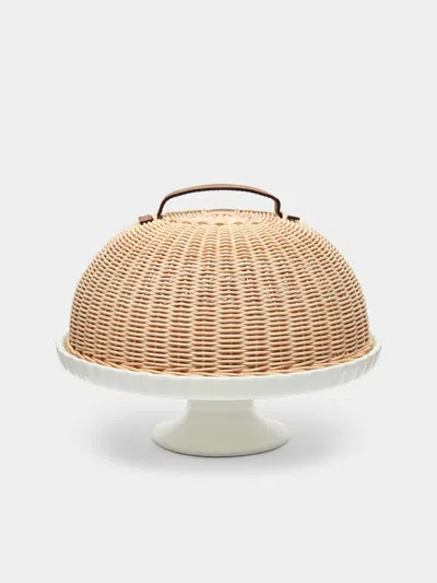 Mila Maurizi Handwoven Wicker And Ceramic Domed Cake Stand In Brown