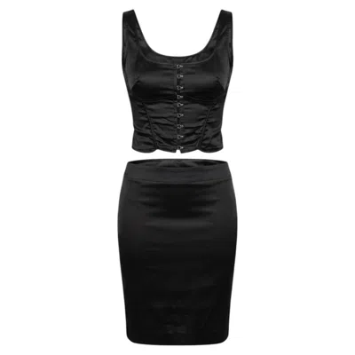 Pre-owned Mila Schön Mila Sch�n Early 2000s Black Satin Corset Bustier Top & Pencil Skirt Set