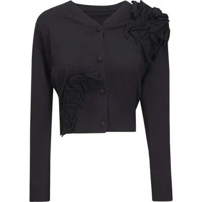 Milan Italy Cropped Floral Applique Button Front Knit Cardigan In Black
