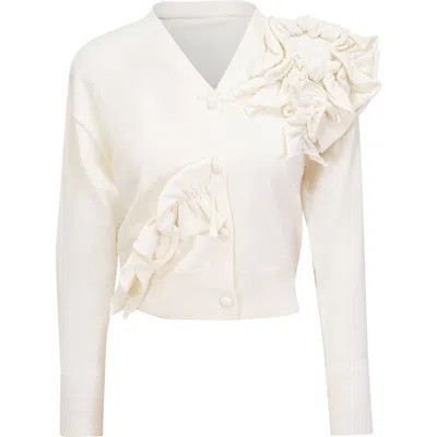 Milan Italy Cropped Floral Applique Button Front Knit Cardigan In White