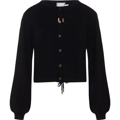 Milan Italy Cropped Knit Button Front Drawstring Cardigan In Black