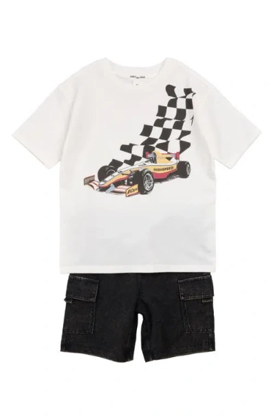 Miles Babies'  Grand Prix Organic Cotton Graphic T-shirt & Shorts Set In White