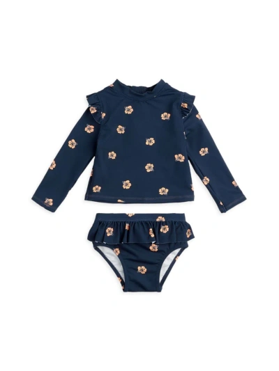 Miles The Label Baby Girl's, Little Girl's & Girl's Floral Ruffle-trimmed Rashguard Set In Navy