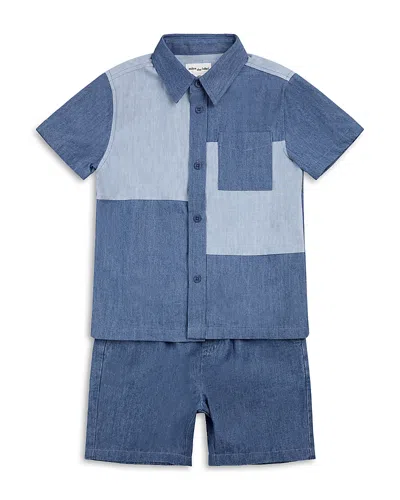 Miles The Label Boys' Chambray Patchwork Shirt & Shorts Set - Baby In Blue