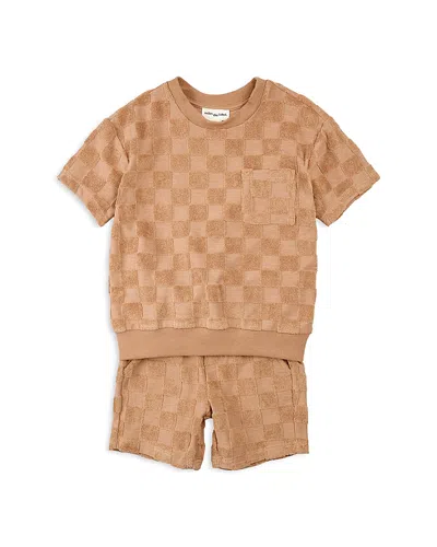 Miles The Label Boys' Embossed Terry Short Sleeved Top & Shorts Set - Baby In Camel