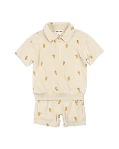 Miles The Label Boys' Pineapple Print Terry Short Sleeve Top & Shorts Set - Baby In Beige