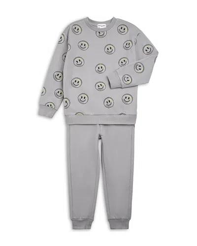 Miles The Label Boys' Two Piece Cotton Blend Smiley Face Jogger Set - Little Kid, Big Kid In Gray