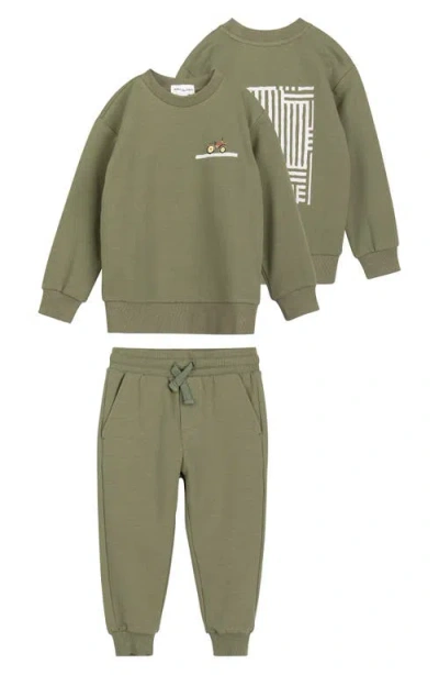 Miles The Label Babies'  Corn Maze Print Cotton French Terry Graphic Sweatshirt & Joggers Set In Green Dusty