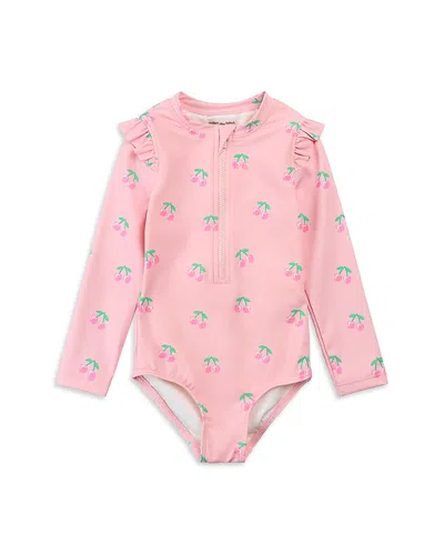 Miles The Label Girls' Cherry Print Rash Guard One Piece Swimsuit - Baby In Pink