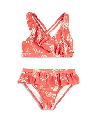 Miles The Label Girls' Floral Ruffle Cross Over Two Piece Swim Suit - Baby In Coral