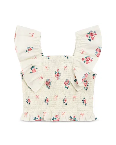 Miles The Label Girls' Flutter Sleeved Smocked Woven Top - Little Kid, Big Kid In White