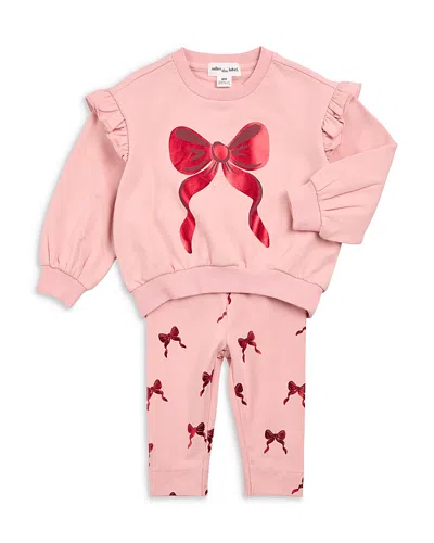 Miles The Label Girls' Foil Holiday Bow Sweatshirt & Bow Print Leggings Set - Baby In Pink