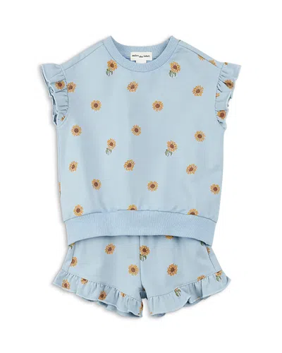 Miles The Label Girls' Sunflower Print Top & Shorts Set - Little Kid In Light Blue