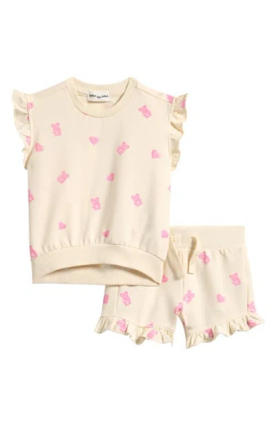 Miles The Label Babies'  Gummy Bears Ruffle French Terry Sweatshirt & Sweat Shorts Set In Neutral