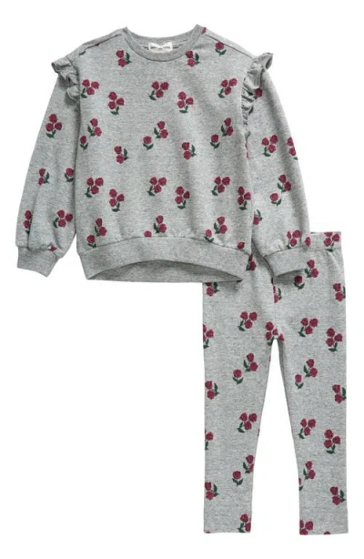 Miles The Label Babies'  Heart Print Ruffle French Terry Sweatshirt & Joggers Set In Heather Grey Medium