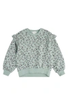 Miles The Label Kids' Leopard Print Ruffle French Terry Sweatshirt In Dusty Green