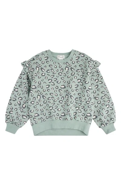 Miles The Label Kids' Leopard Print Ruffle French Terry Sweatshirt In Dusty Green