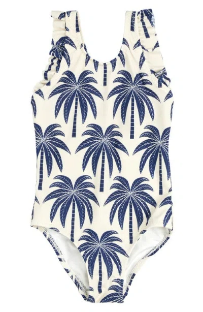 Miles The Label Kids' Palm Tree Print One-piece Rashguard Swimsuit In Beige