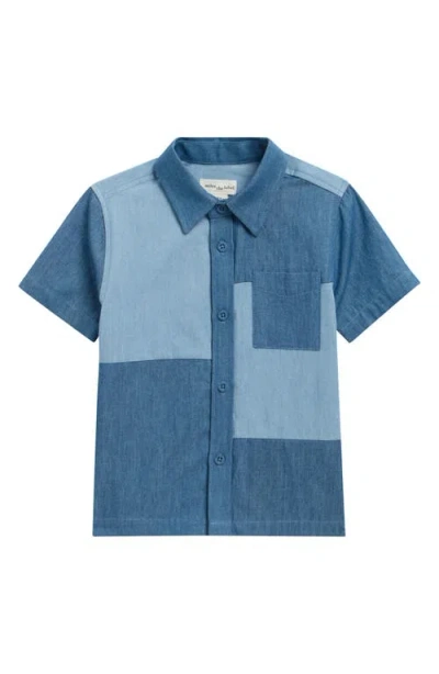 Miles The Label Kids' Patchwork Short Sleeve Chambray Button-up Shirt In Blue