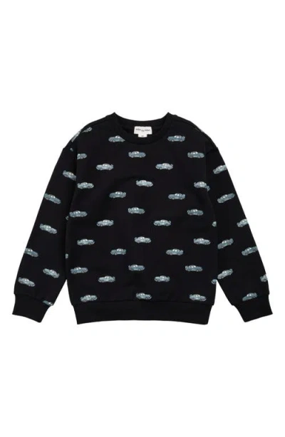 Miles The Label Kids' Racecar Print Stretch Organic Cotton French Terry Sweatshirt In Black