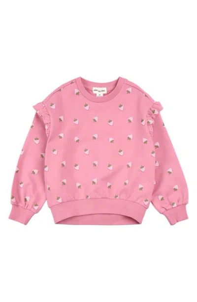 Miles The Label Kids' Strawberry Print Ruffle French Terry Sweatshirt In Pink