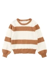 Miles The Label Kids' Stripe Cable Organic Cotton Crewneck Sweater In Camel