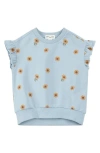 Miles The Label Kids' Sunflower Print Ruffle Shoulder French Terry Top In Light Blue Sunflower Print