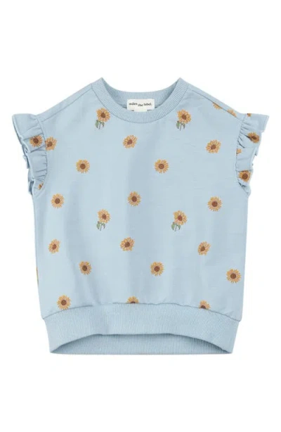 Miles The Label Kids' Sunflower Print Ruffle Shoulder French Terry Top In Light Blue Sunflower Print