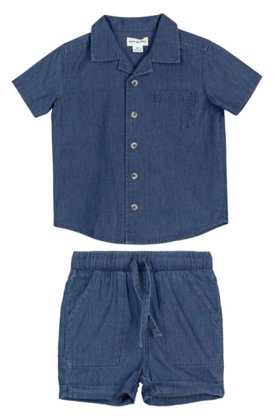 Miles The Label Babies' Organic Cotton Chambray Short Sleeve Shirt & Shorts Set In Blue