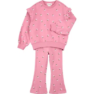 Miles The Label Babies'  Strawberry Print Ruffle Sweatshirt & Flare Sweatpants Set In Pink