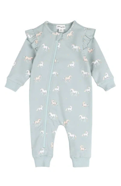 Miles The Label Babies'  Unicorn Print Cotton Ruffle Shoulder Romper In Light Turquoise