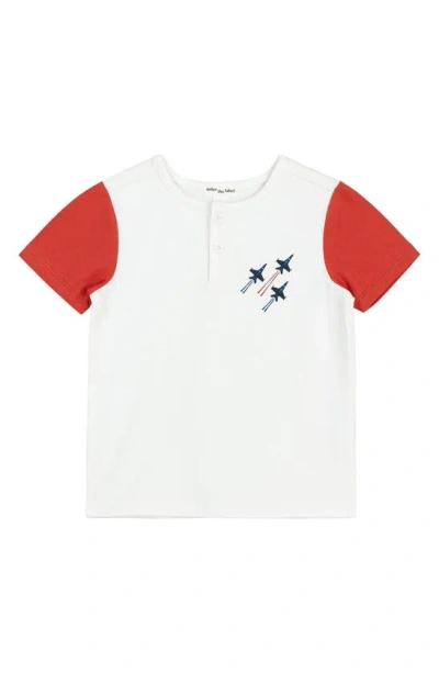 Miles Baby Kids' Fighter Jet Embroidered Colorblock Organic Cotton Henley In Off White