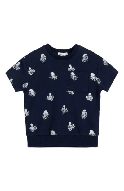 Miles Baby Kids' Octopus Print Short Sleeve Organic Cotton Pocket Sweatshirt In Navy