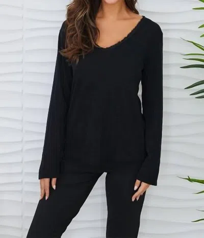 Milio Milano Distressed V-neck Cotton Long Sleeve Top In Black