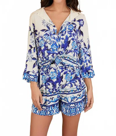 Milio Milano Floral Damask Button Down Long Sleeve Top In Ivory/blue In Multi
