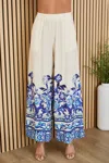 Milio Milano Floral Damask Wide Leg Viscose Pants In Ivory/blue In White