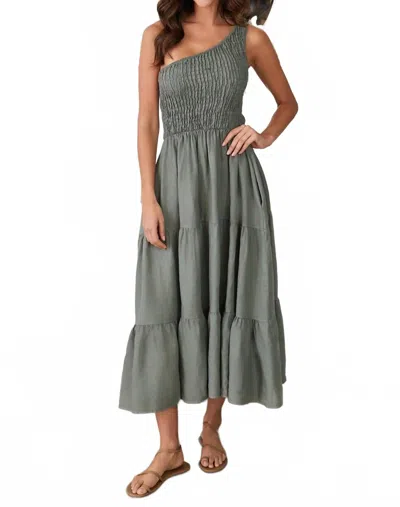 Milio Milano Italian Linen Shirred Tiered Maxi One Shoulder Dress In Army Green In Multi