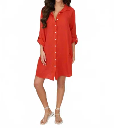 Milio Milano Linen Pinstripe Shirt Dress In Red Flame