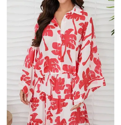 Milio Milano Palm Print Button Down Poncho Sleeve Cotton Top In White/red